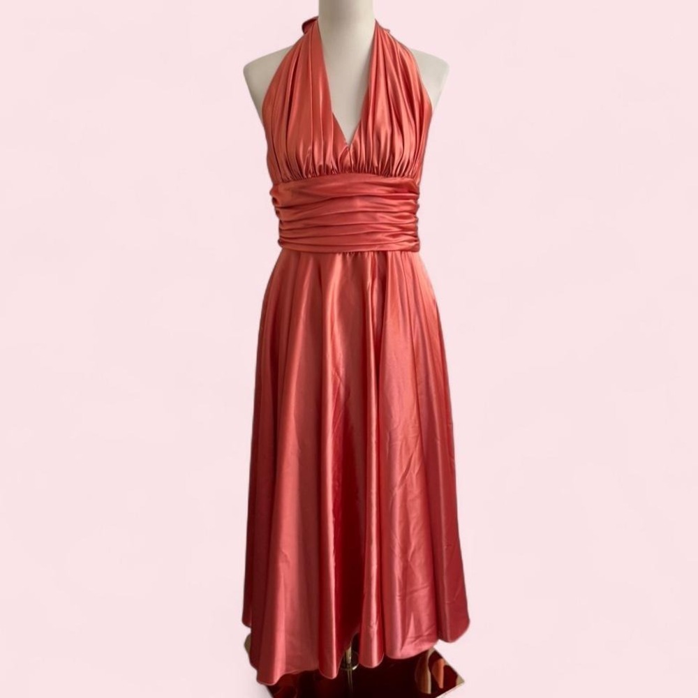 vintage Aspen USA Y2K Coral Satin Halter Maxi Dress Tie‎ Back Size M